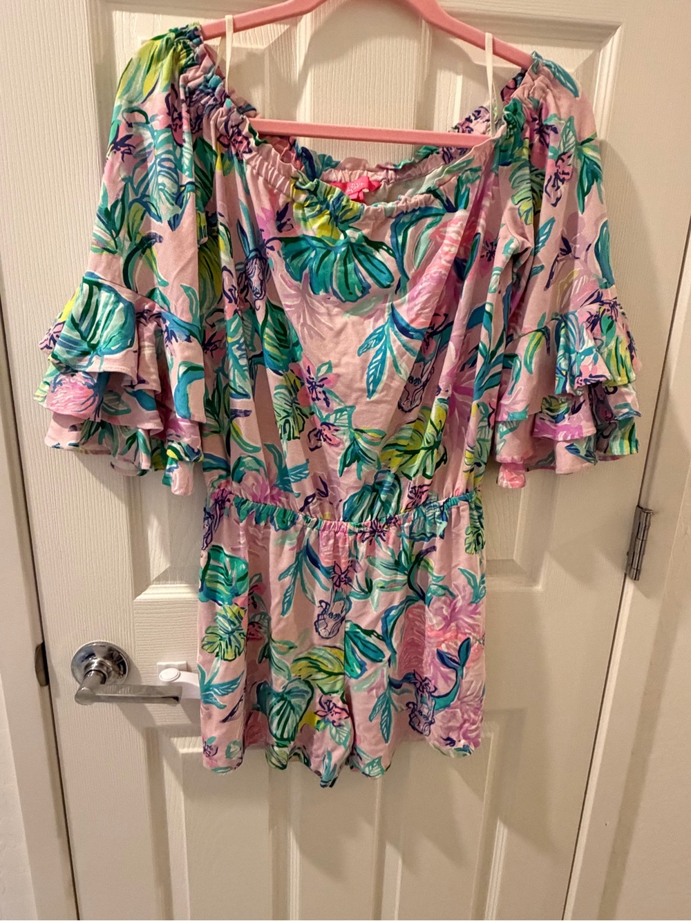 Lilly Pulitzer Pink Tropical Leaf Off-Shoulder romper
